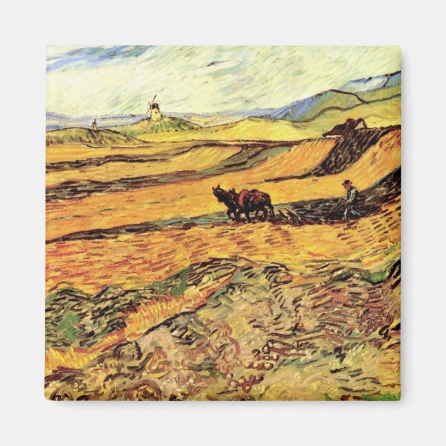 Fält med plogman och kvarn av Vincent van Gogh Magnet (Framsidan)