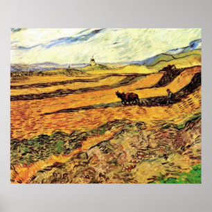 Fält med Plowman och Mill Vincent van Gogh Poster