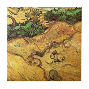 Fält med två kaniner av Vincent van Gogh Kakelplatta