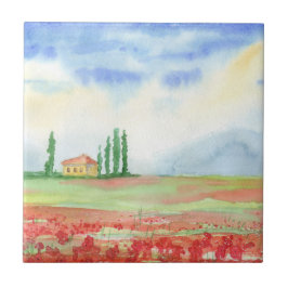 Fält om vallmo i Toscana Kakelplatta