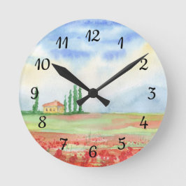 Fält om vallmo i Toscana Rund Klocka