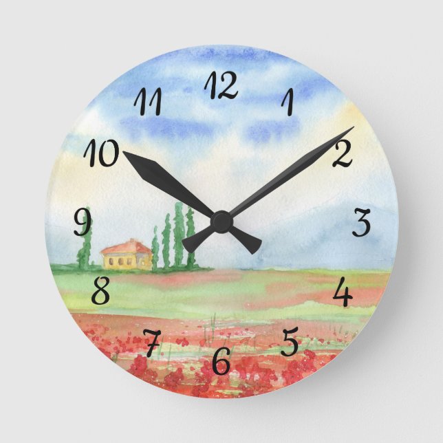 Fält om vallmo i Toscana Rund Klocka (Framsida)