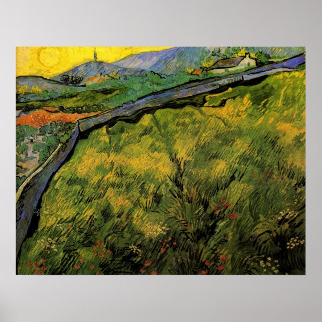 Fält om Vår vete, Soluppgång av Vincent van Gogh Poster (Framsidan)