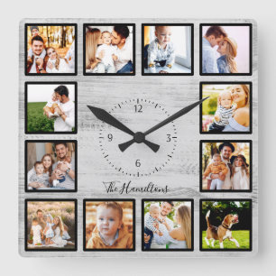 Familj 12 bilder Collage Farmhouse Rustik Trä Fyrkantig Klocka