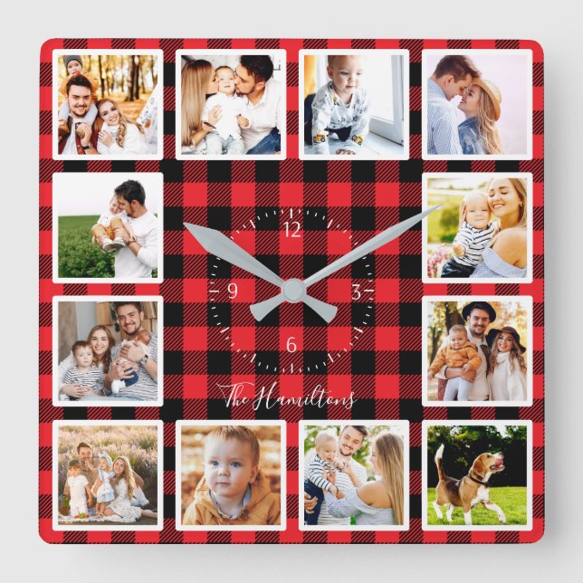 Familj 12 bilder Collage Rustic Lumberjack Mönster Fyrkantig Klocka (Framsida)