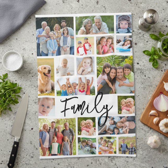 Familj 19 Fotocollage Modern Script Kökshandduk (Skapare uppladdad)