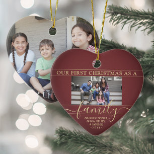 Familj 2 Foto Första jul Burgundy Red & Guld Julgransprydnad Keramik