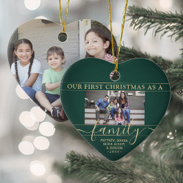 Familj 2 Foto Första jul-Grönten och Guld Heart Julgransprydnad Keramik