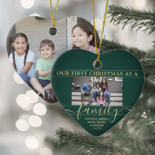 Familj 2 Foto Första jul-Grönten och Guld Heart Julgransprydnad Keramik