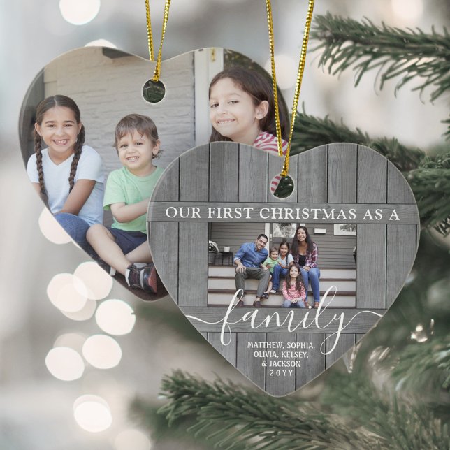 Familj 2 Foto Första julfaux Grått Wood Julgransprydnad Keramik (Skapare uppladdad)