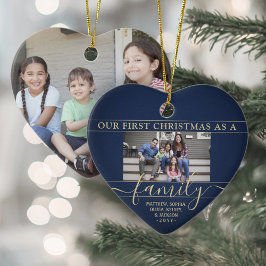 Familj 2 Foto Första julmarinblått och Guld Julgransprydnad Keramik