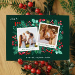 Familj 2 Photo Collage God Jul Watercolor Julkort<br><div class="desc">Den här familjens fotokollage julkort innehåller två snabbbildsmallar som du kan använda för att infoga dina foton, med en bakgrund av handmålad vattenfärgsblad som t.ex. hully, bär, grönt löv och röda blommigtar. På baksidan finns en mönster med samma inslag präglat i rött och grönt. Du kan anpassa all information på...</div>