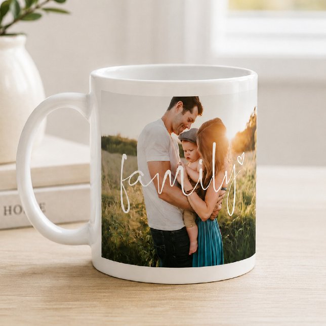 Familj 2-Photo | Modern kalligrafi hjärtemugg Kaffemugg (Family Photo Coffee Mug)