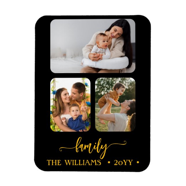 familj 3 fotokollage svart guld skriptmagnet magnet (Vertikal)