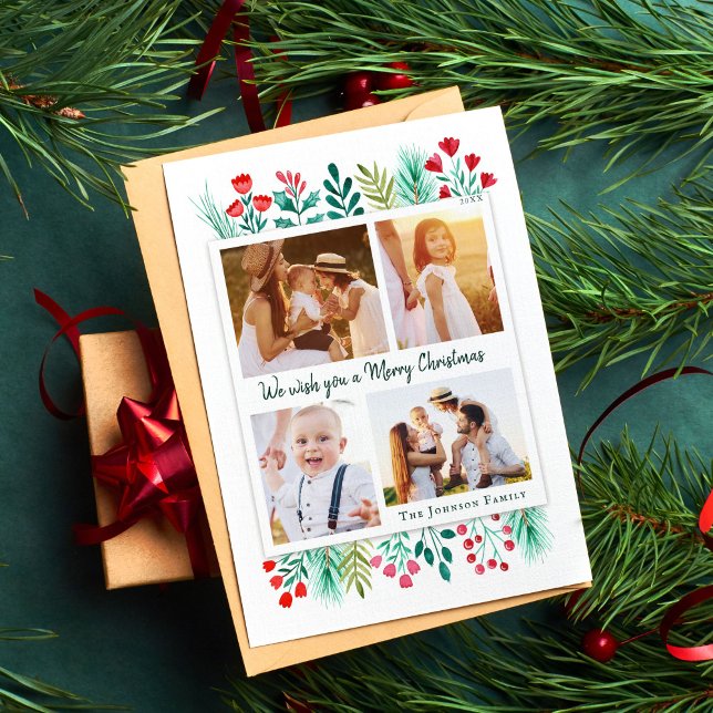 Familj 4 Fotokollage Vattenfärgsblomma Julkort (Family Christmas Card with Photos and Watercolor)