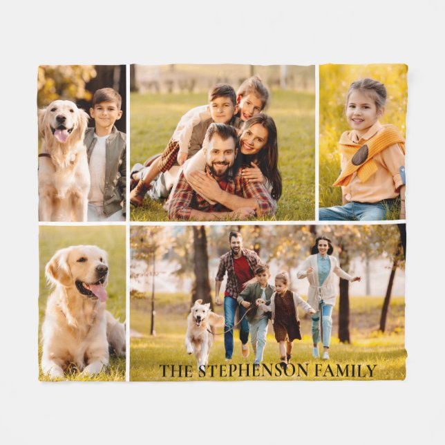 Familj 5 Photo Collage Namn enkel Fleecefilt (Framsidan (Horisontell))