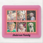 Familj 6 Fotokollage Rosa Mouse Pad Musmatta<br><div class="desc">Den här musmattans utformning är en fotogåva av perfekt till vilken familjemedlem som helst. Med 6-fotokollage i ram kan du lägga till alla dina favoritfoton i familjen. Anpassa den här ljusa musknappen för rosa och orange med din familj namn.</div>