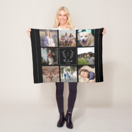 Familj 8 foto collage monogram namn elegant svart fleecefilt