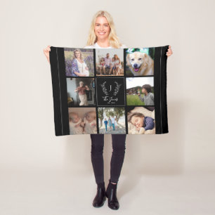 Familj 8 foto collage monogram namn elegant svart fleecefilt