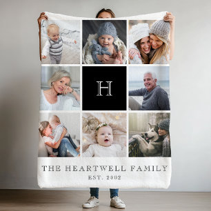 Familj 8 Fotocollage Monogram Svart och Vitt Fleecefilt