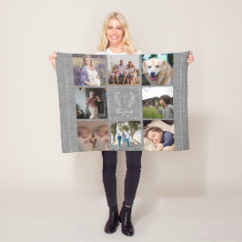 Familj 8 fotokollage monogram namn-rustik burlap fleecefilt