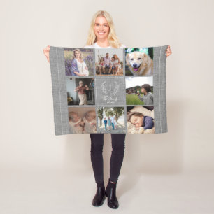 Familj 8 fotokollage monogram namn-rustik burlap fleecefilt
