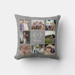Familj 8 fotokollage monogram namn-rustik burlap kudde