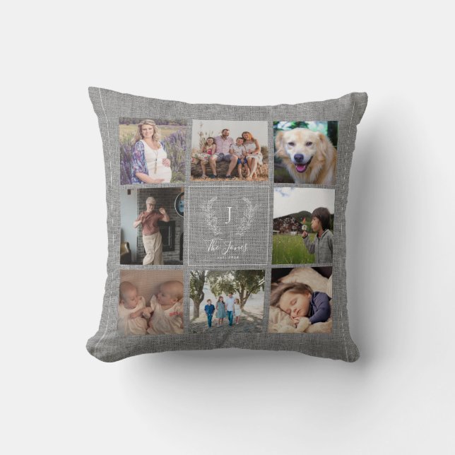 Familj 8 fotokollage monogram namn-rustik burlap kudde (Framsida)