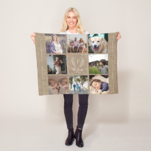 Familj 8 fotokollage monogram namn rustik jute fleecefilt