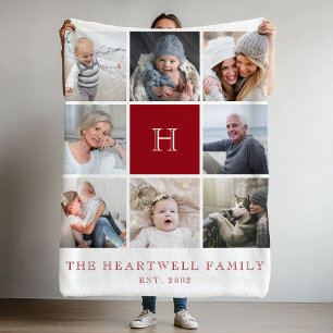 Familj 8 Photo Collage Monogram Cranberry Red Fleecefilt