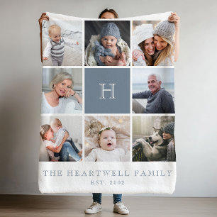 Familj 8 Photo Collage Monogram Dusty Blue Fleecefilt