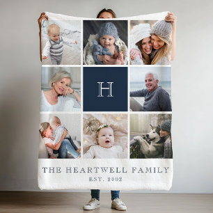 Familj 8 Photo Collage Monogram Navy Blue Fleecefilt