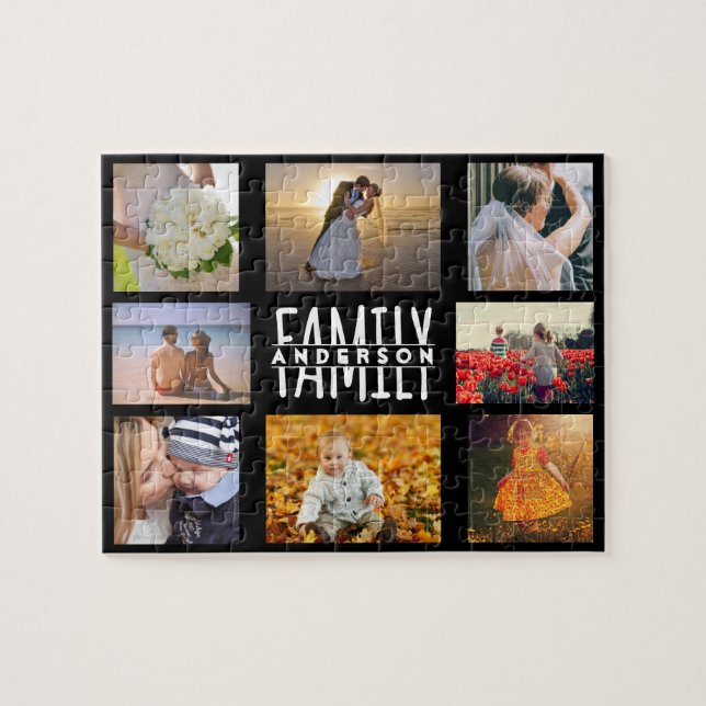 Familj 8 Photo Collage och Namn DIY Template Black Pussel (Horisontell)