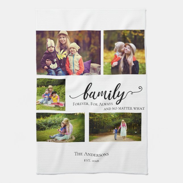 Familj alltid för 5 fotosamlingskvitton kökshandduk (Vertikal)