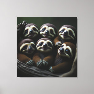 Familj av leende Baby Sloths Huddled Together Canvastryck