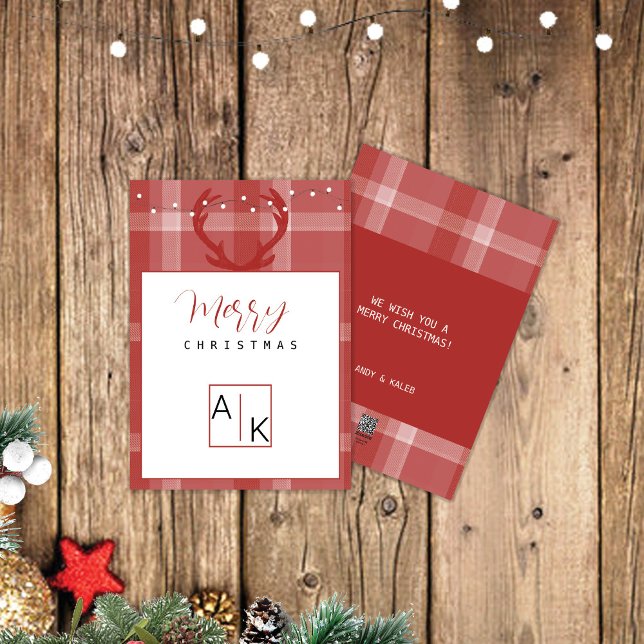 Familj Burgundy Tartan Monogram Julkort (Skapare uppladdad)