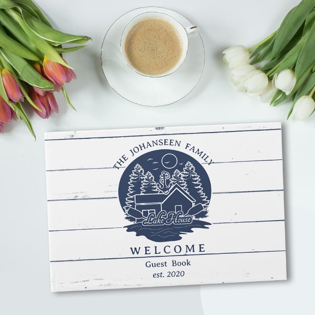 Familj för marinblått och vitt Rustic Wood Sjö Hou Gästböcker (Skapare uppladdad)