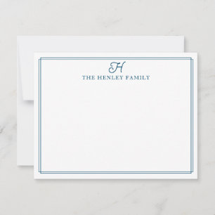 Familj Initial Blå Kant Monogram Brevpapper Anteckningskort