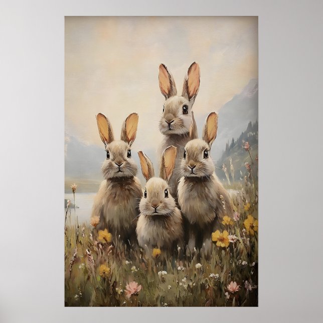 Familj Kaniner Tryck, Påsk Vårkanin Målning Poster (Framsidan)
