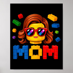 Familj mamma mästerbyggare bygger tegelstenar bloc poster