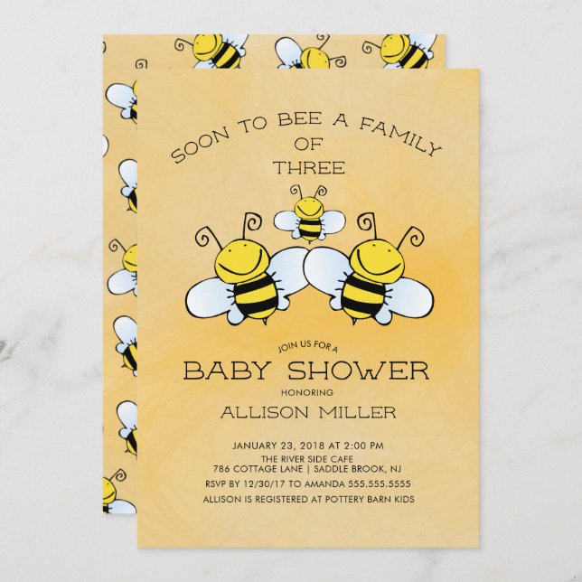 Familj med 3 inbjudningar till Bee Baby Shower (Fram/baksida)