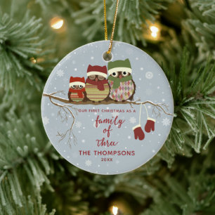 Familj med 3 Personliger Cute Woodland Uggla Julgransprydnad Keramik