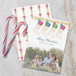 Familj med 4 - Foto med vattenfärgsmonogram Stocki Julkort