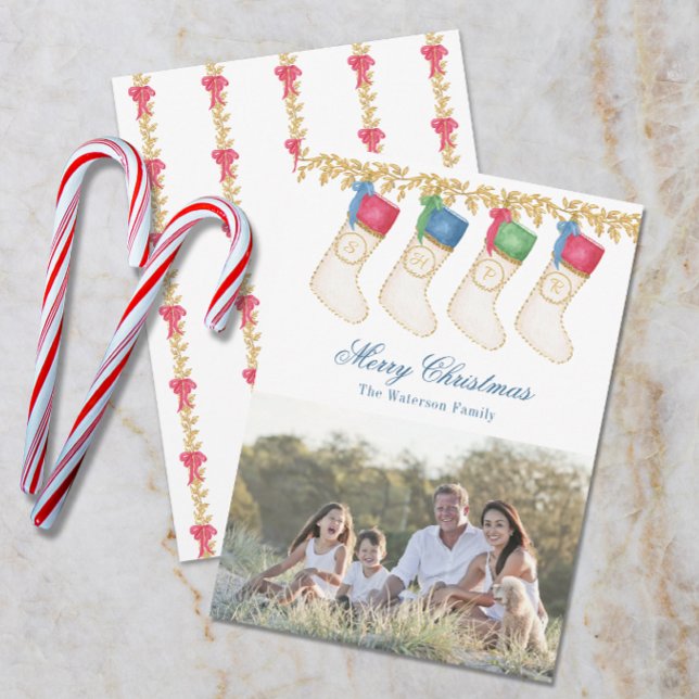 Familj med 4 - Foto med vattenfärgsmonogram Stocki Julkort (Skapare uppladdad)