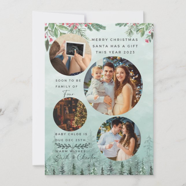 Familj med 4 Graviders vattenfärgsmeddelande Julkort (Framsida)