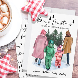 Familj med 4 Namn och Watercolor Illustration Julkort