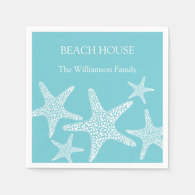 Familj med Aqua Blue Starfish Coastal Beach House Pappersservett (Framsidan)