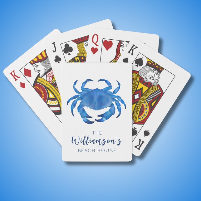 Familj med Blue Crab Beach House Casinokort (Blue coastal crab playing cards with customizable text for family name or beach house.)