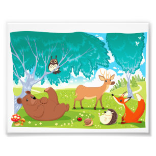 Familj med djur i skogen. fototryck