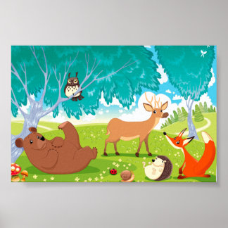 Familj med djur i skogen. poster